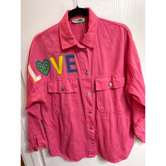 Veto Jeans Tops - Veto Jeans Vintage Pink Denim Shirt Love Smile Graphic Button Down Oversized L